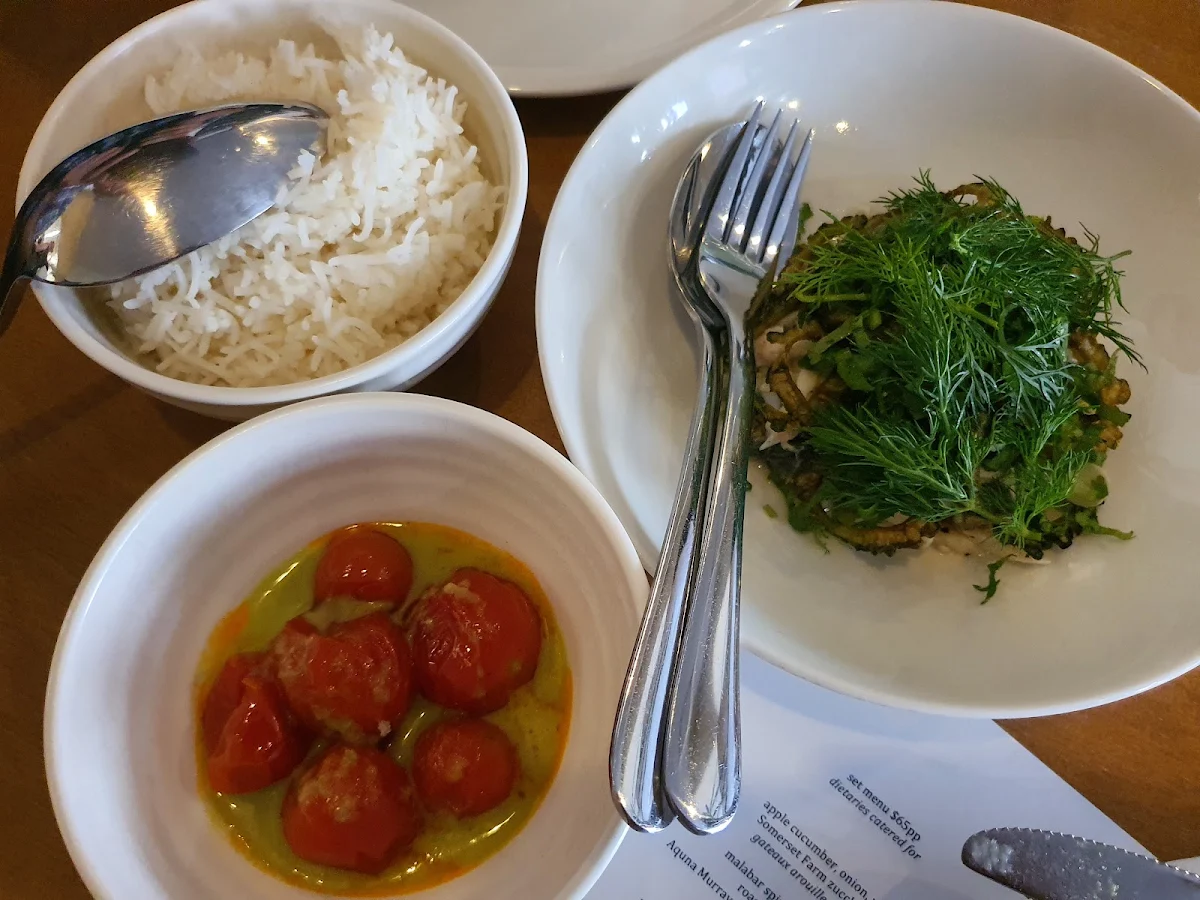 Broth Rice Cod Salad Tomato Chutney, Manze