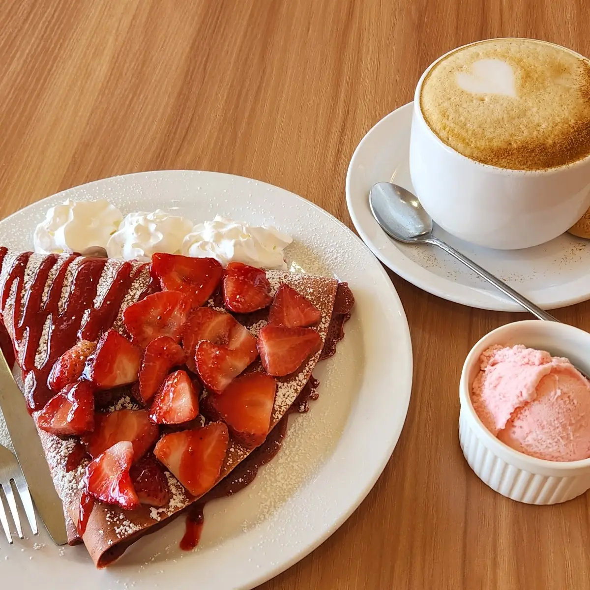 Strawberry Crepes and Hazelnut Cappuccino