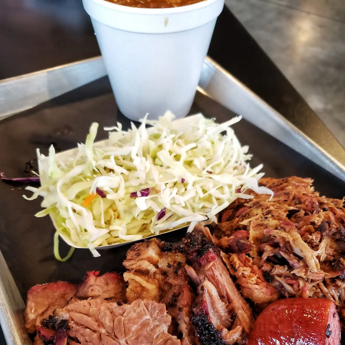 Brisket Pulled Pork Sausage Coleslaw and Baked Beans
