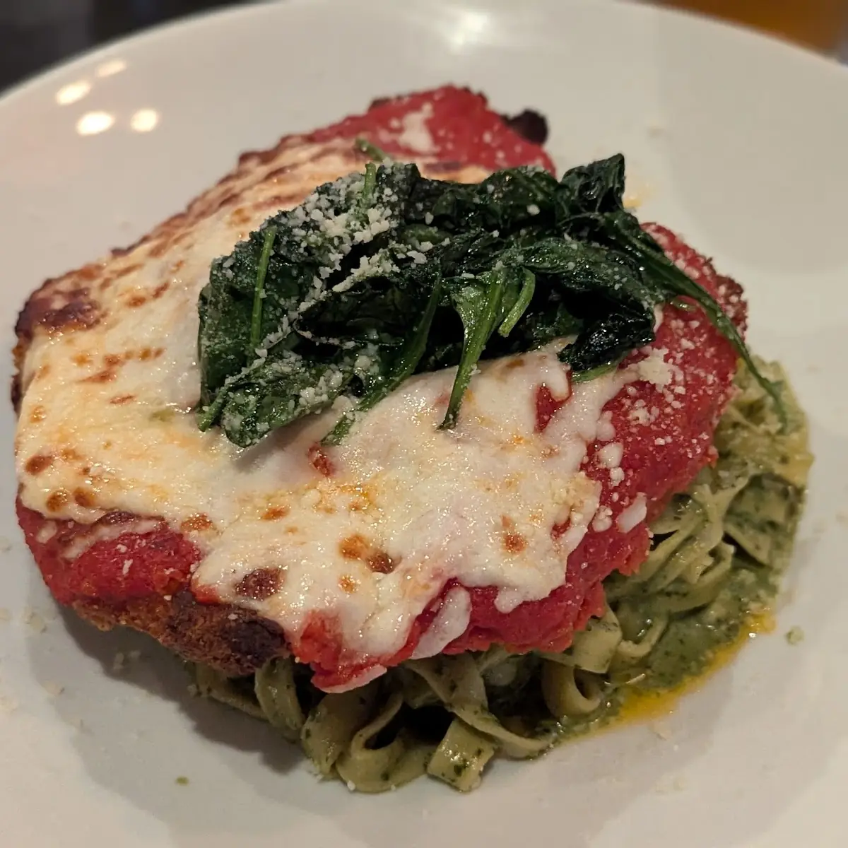 Chicken Parmesan with Spinach and Pasta