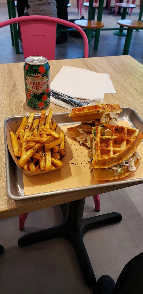 Chicken Waffle Sandwich and Fries