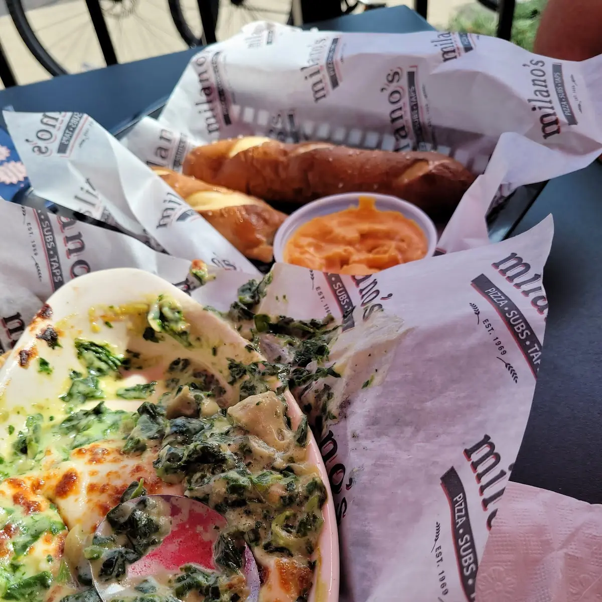 Spinach and Artichoke Dip and Pretzel Bites with Beer Cheese