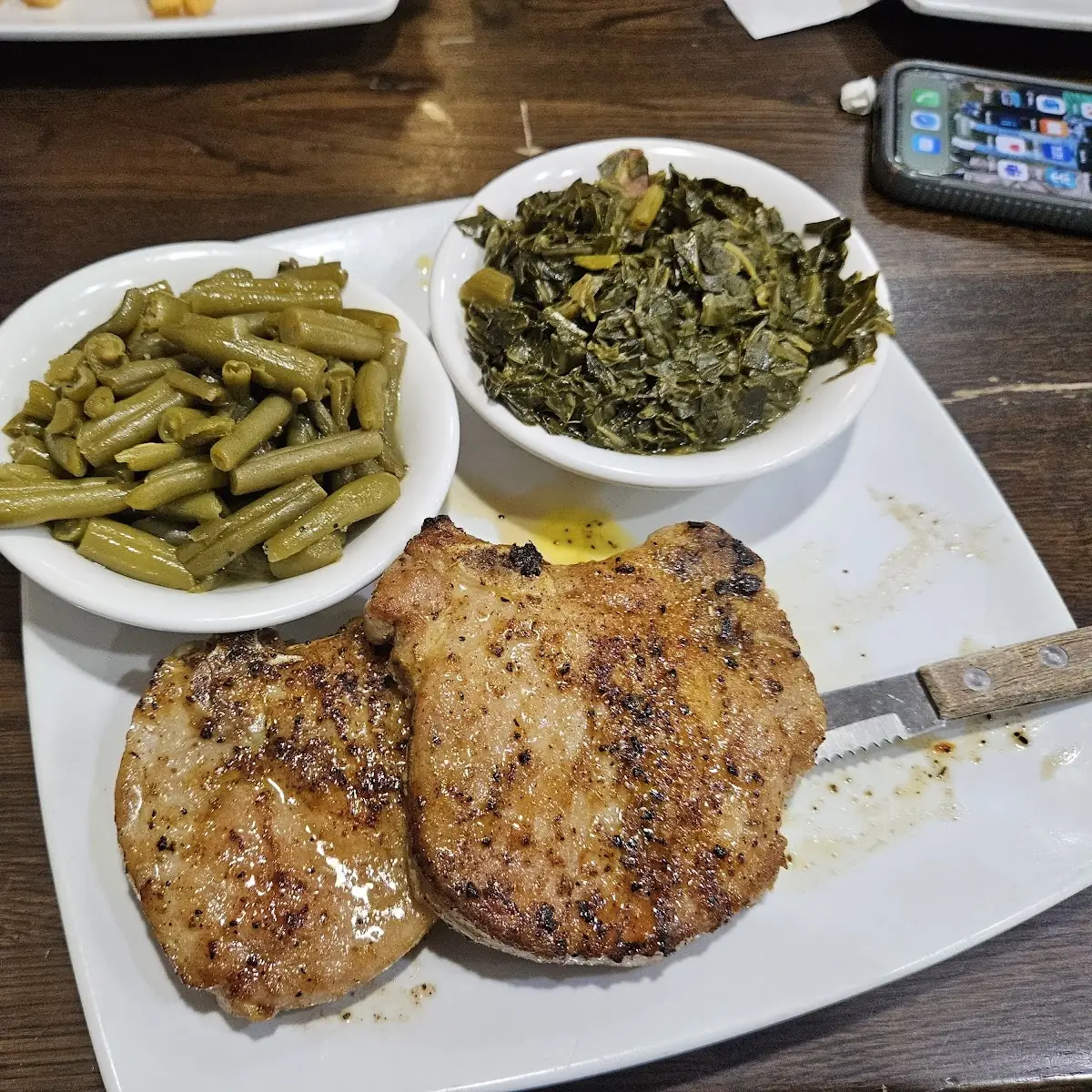 Grilled Pork Chops Wuth Collards and Green Beans