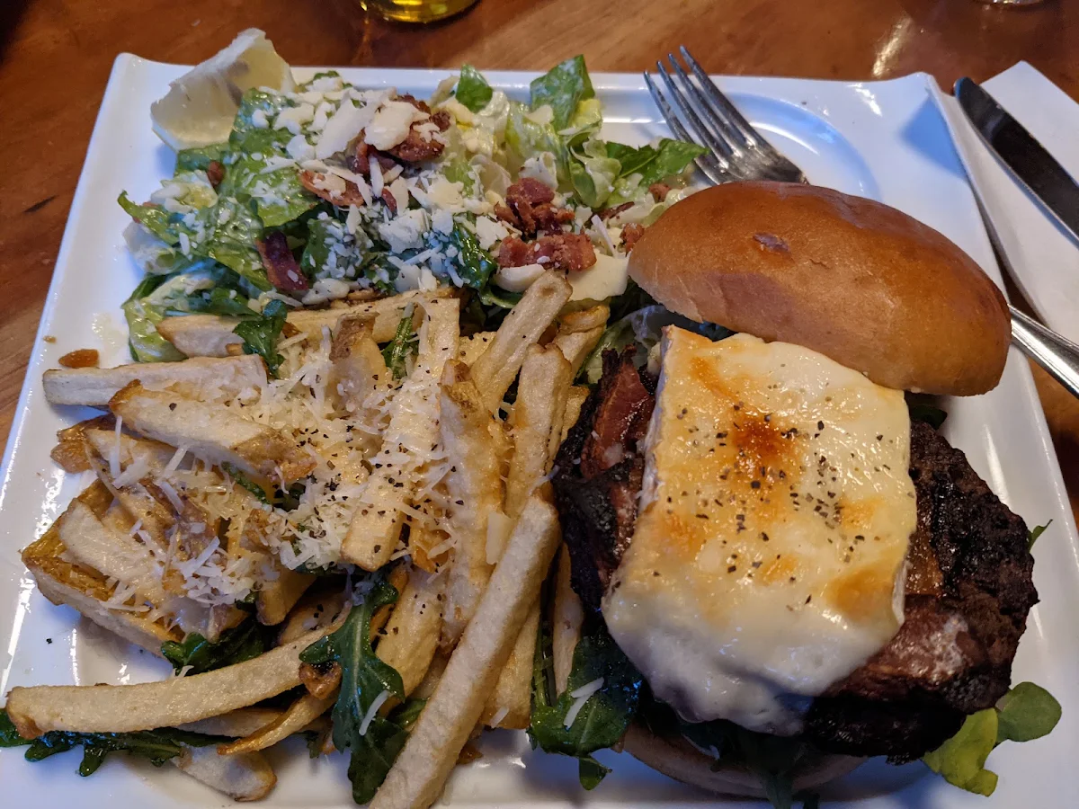 Brie Burger and Truffle Fries Ceasar Salad