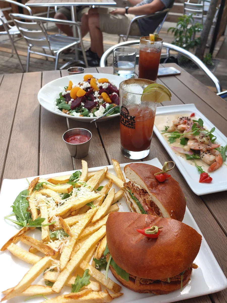 Crispy Chicken and Truffle Fries w Beet Salad and Lemon Garlic Prawns