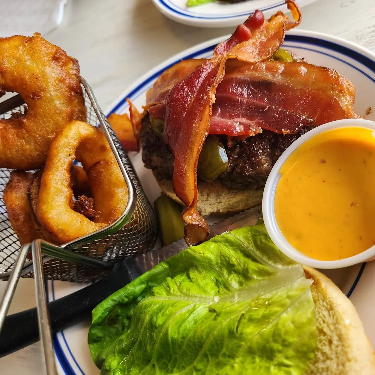 Bacon Burger and Onion Rings