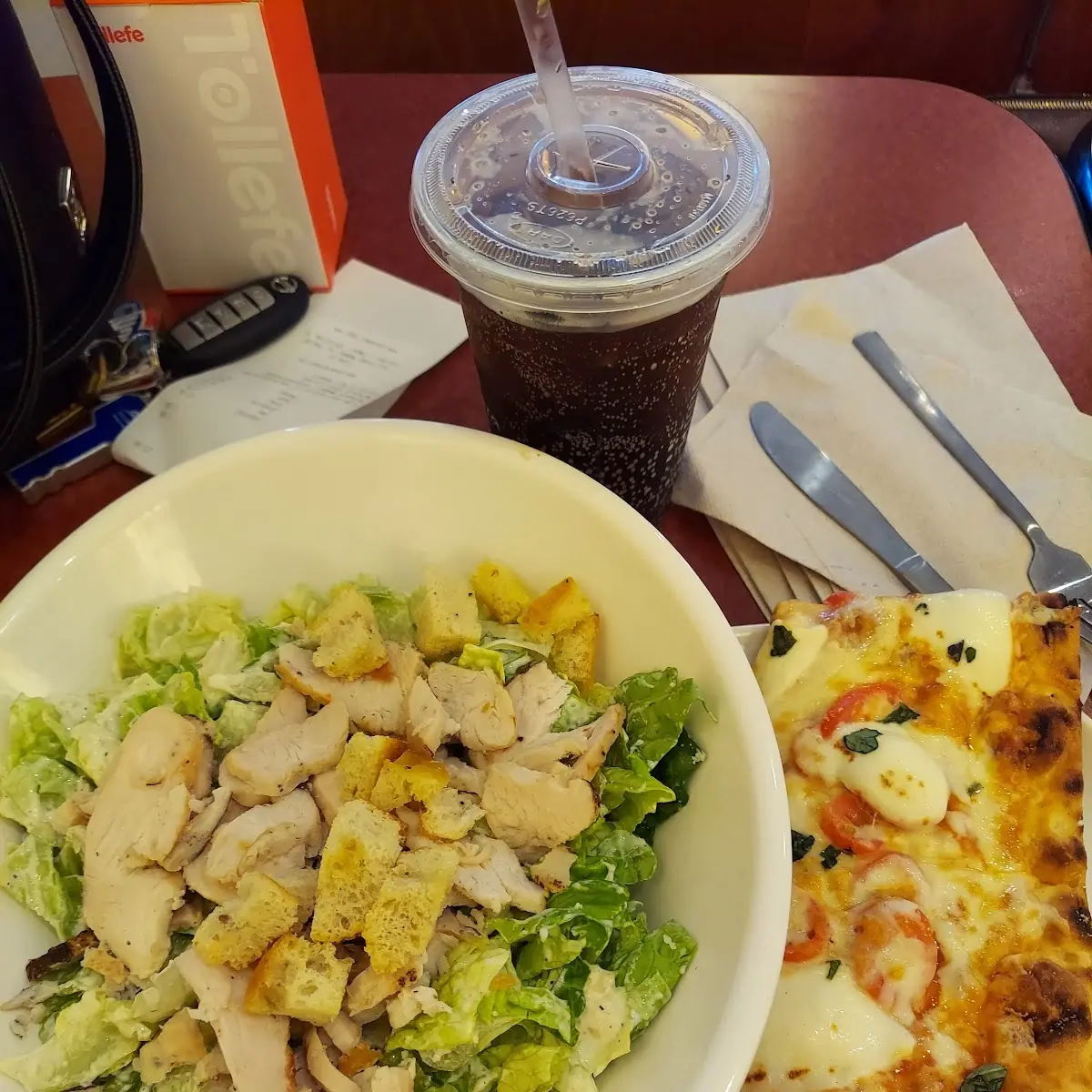 Chicken Caesar Salad and Pizza