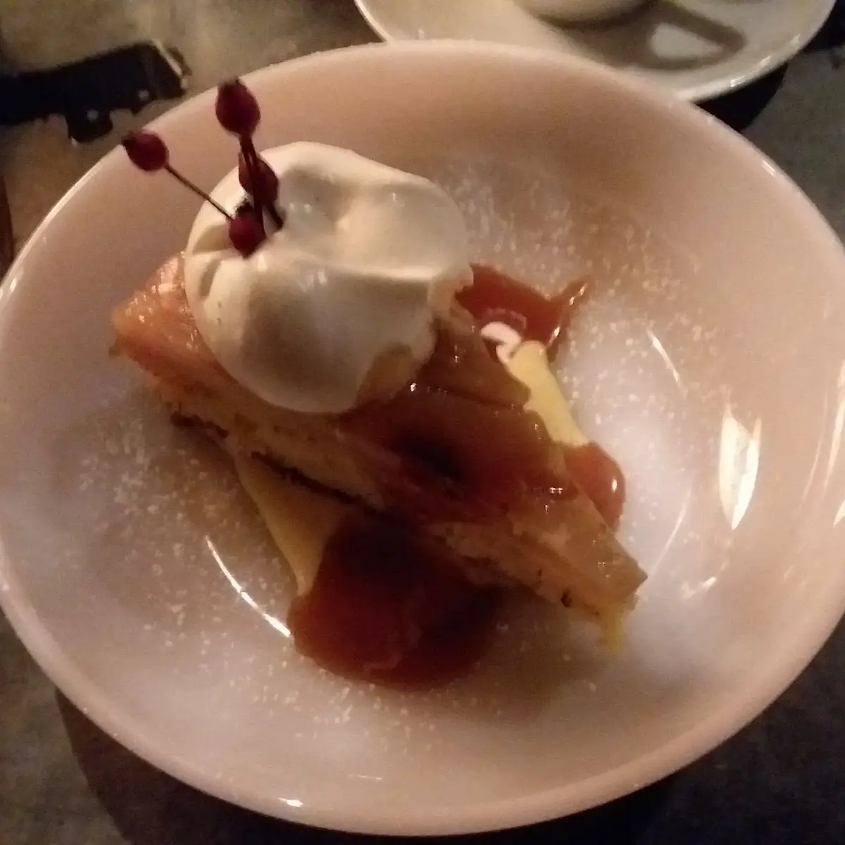 Upside Down Apple & Local Corn Cake Whipped Cream Vanilla Custard Warm Caramel