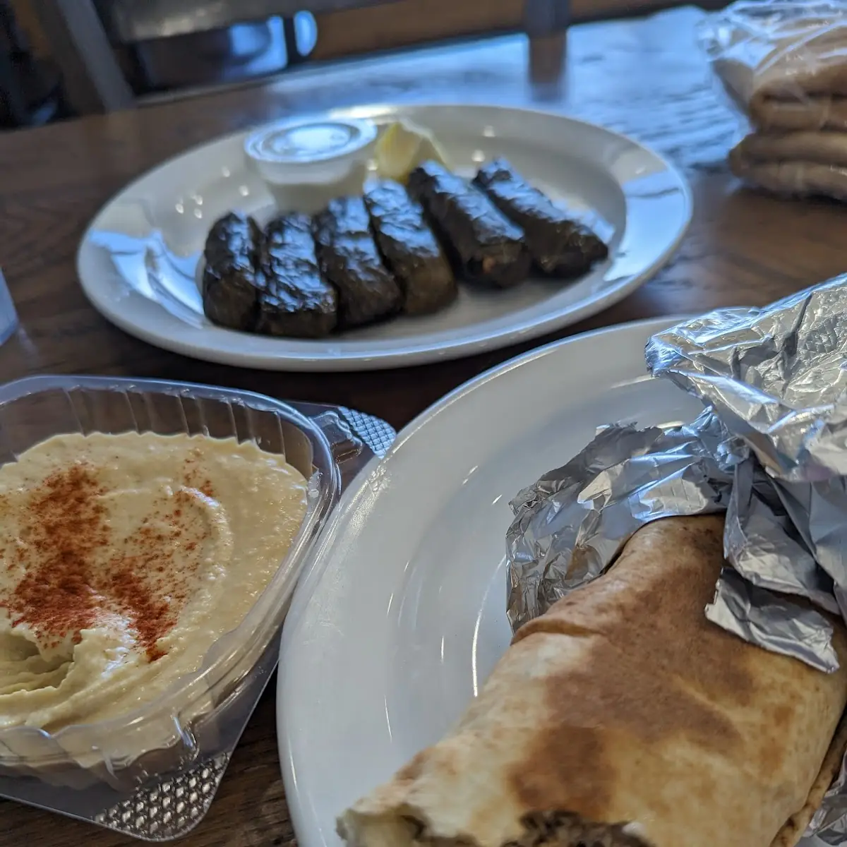 Hummus Chicken Shawarma Wrap and Grape Leaves