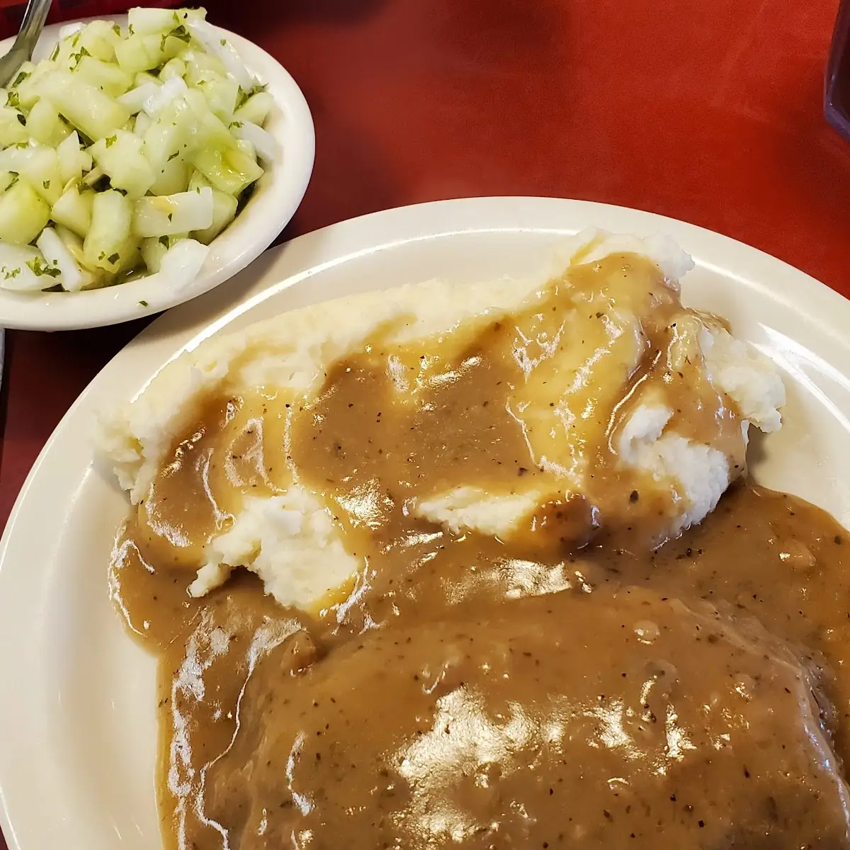 Country Style Steak Mashed Potatoes Cucumber Salad