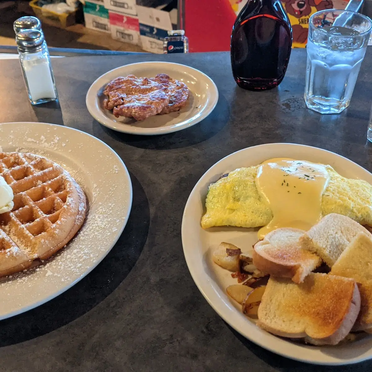 Waffle Sausage Patty and Omelette