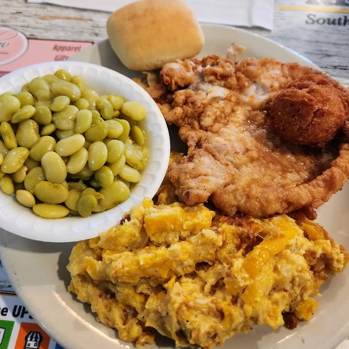 Fried Pork Chop Squash Casserole and Butter Beans