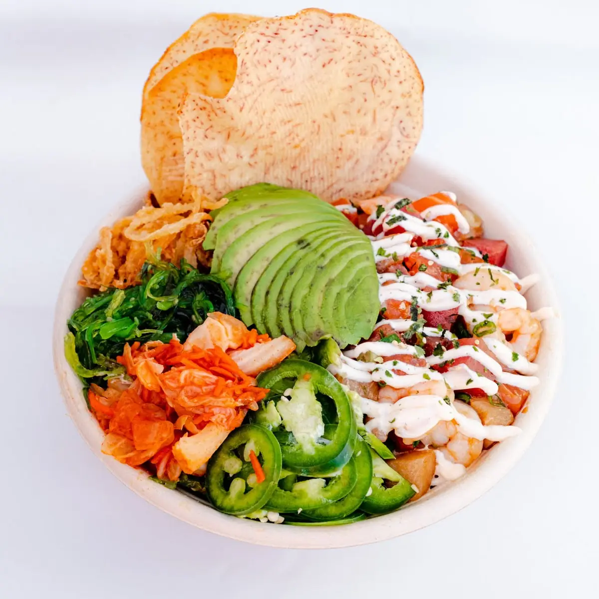Original Poke Bowl with Tuna Salmon Truffle Aioli and Etc