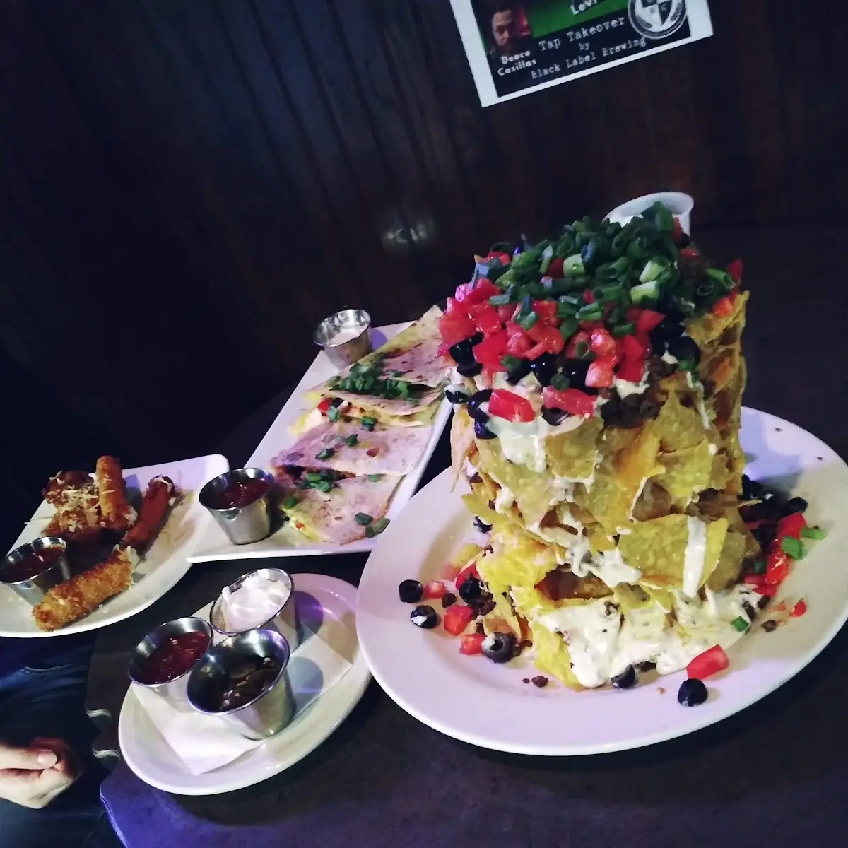 Trash Can Nachos Chicken Quesadilla and Mozzarella Sticks