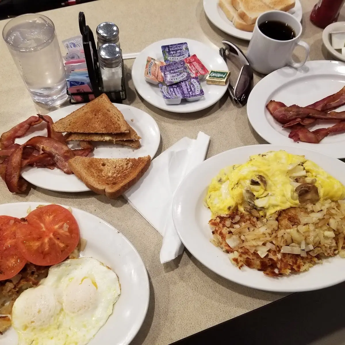 Basted Eggs Bacon Sausage Hash Browns