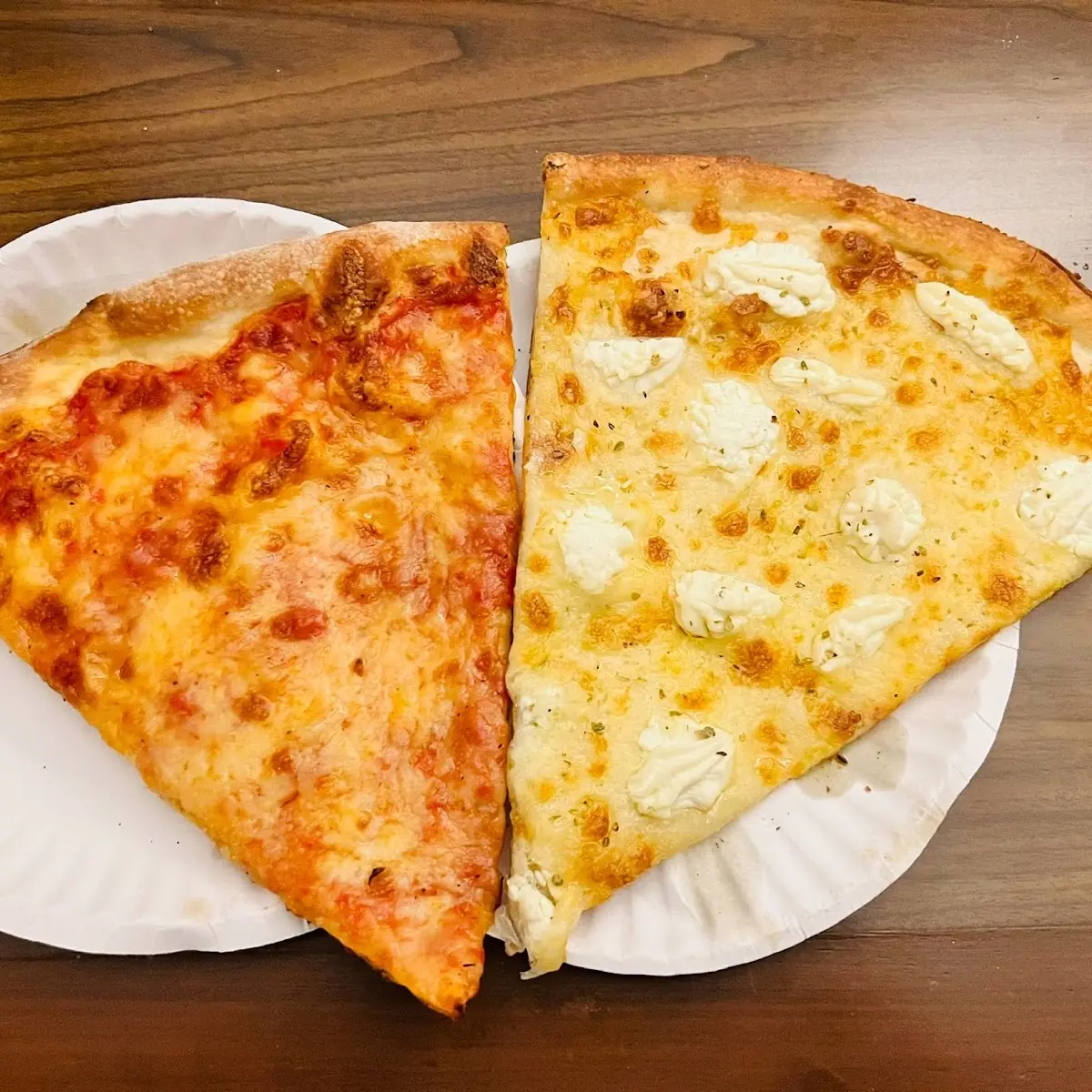 White Pizza Slice and Cheese Pizza Slice