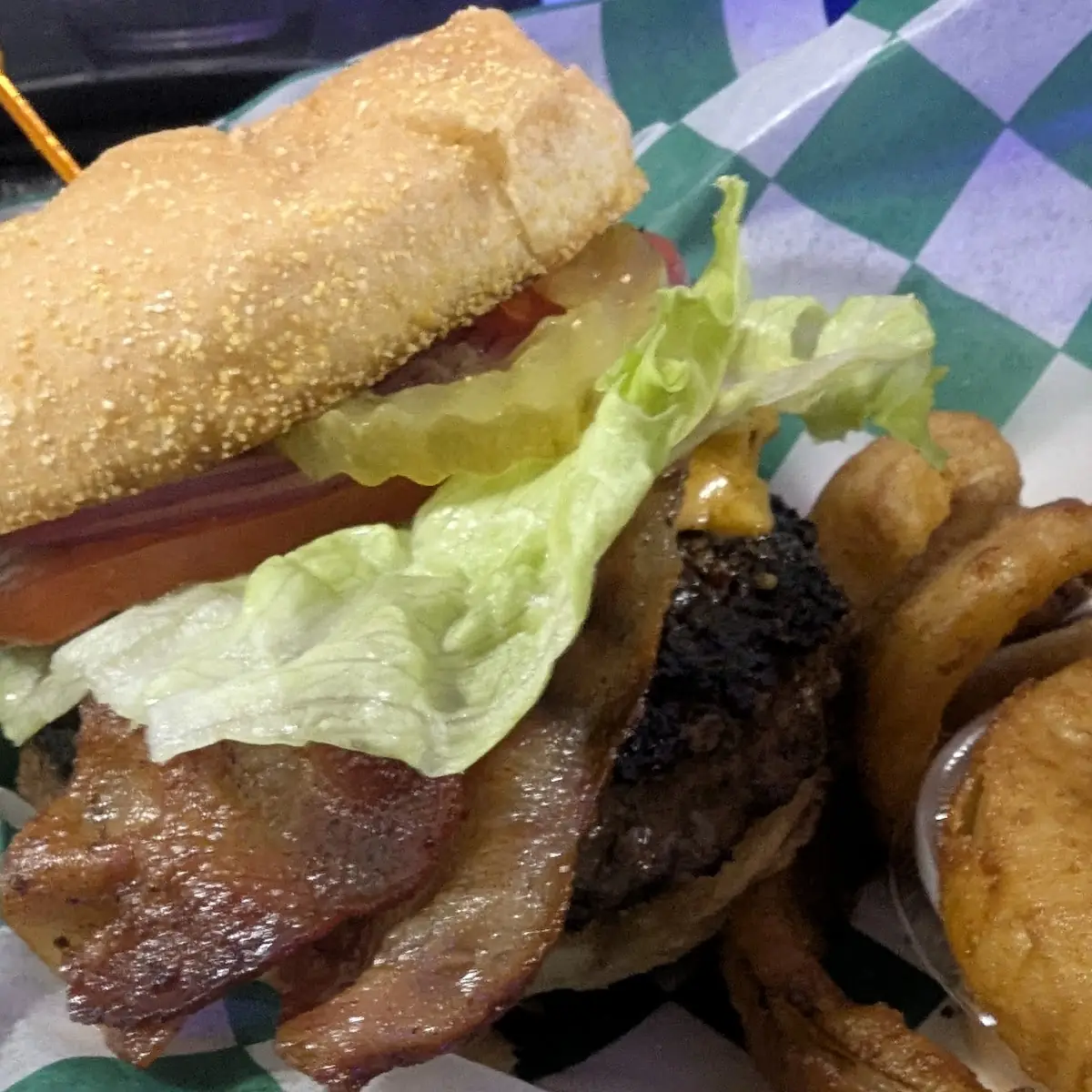 Bacon Cheeseburger and Onion Rings
