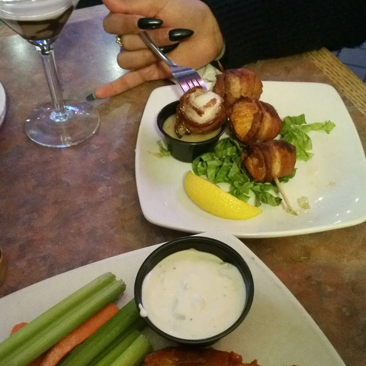 Bacon Rolled Scallops with Garlic Sauce & Bone in Wings