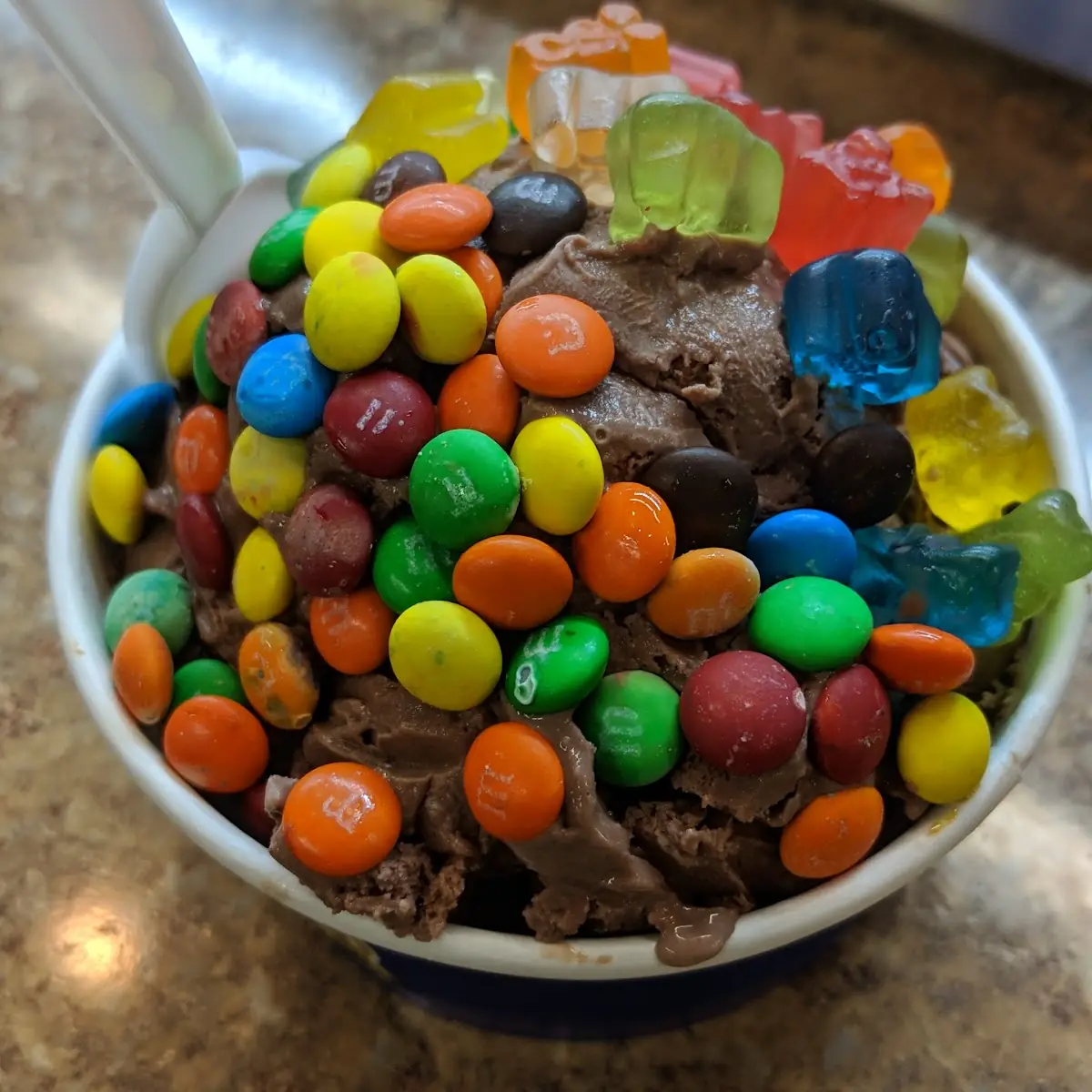 Chocolate Ice Cream with Gummy Bears in M&ms