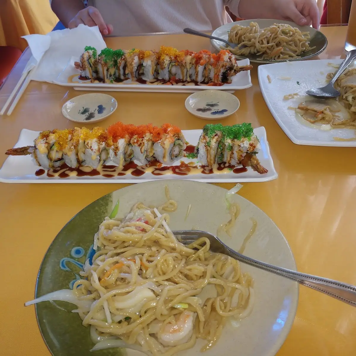 Pink Lady Roll and Seafood Chow Mein