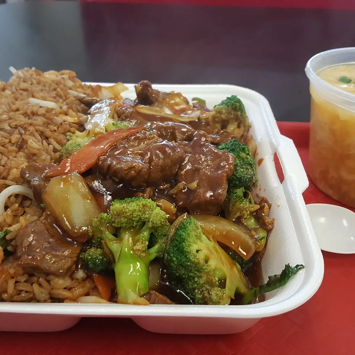 Beef with Broccoli and Egg Drop Soup Lunch