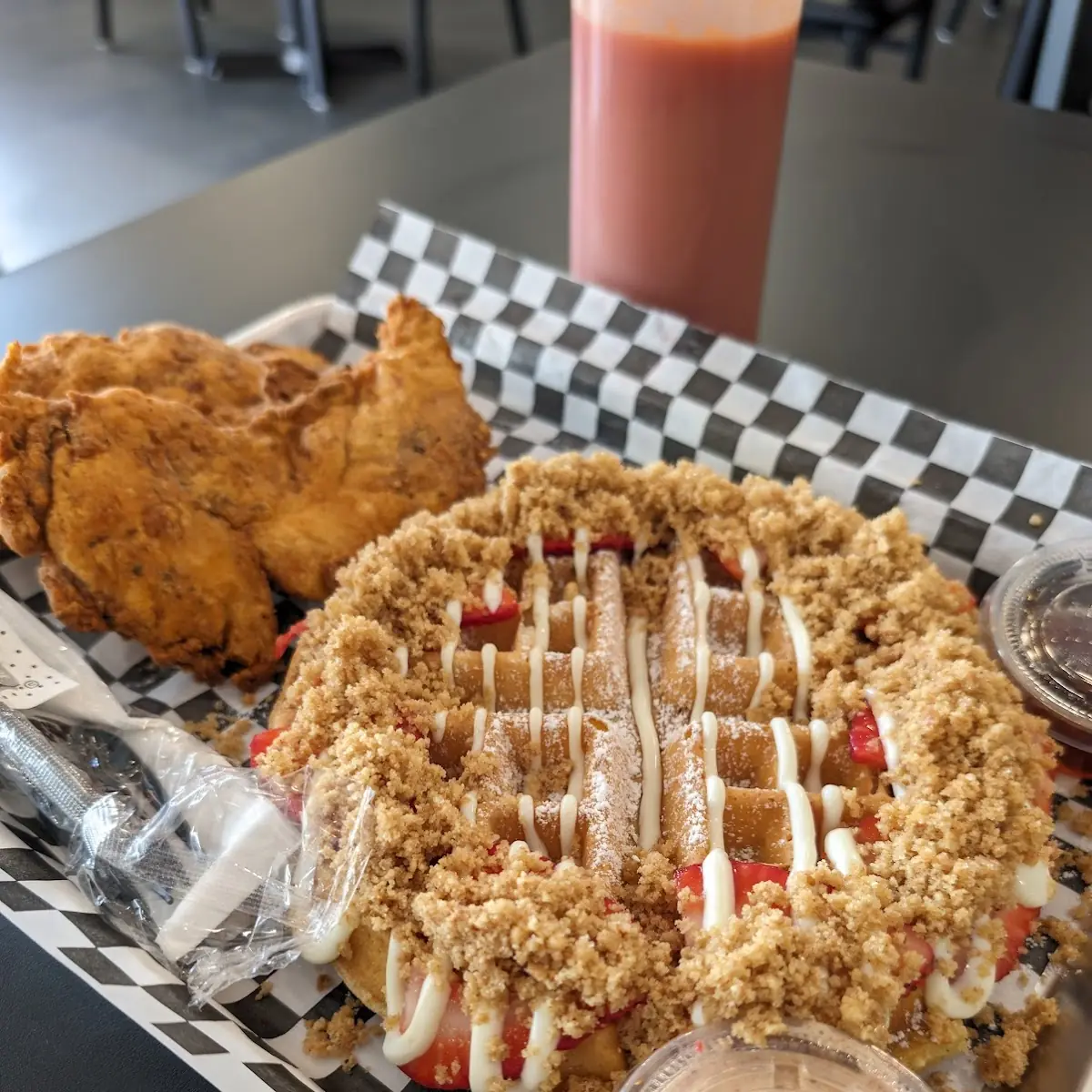 Strawberry Shortcake Waffle and Hand-Breaded Chicken