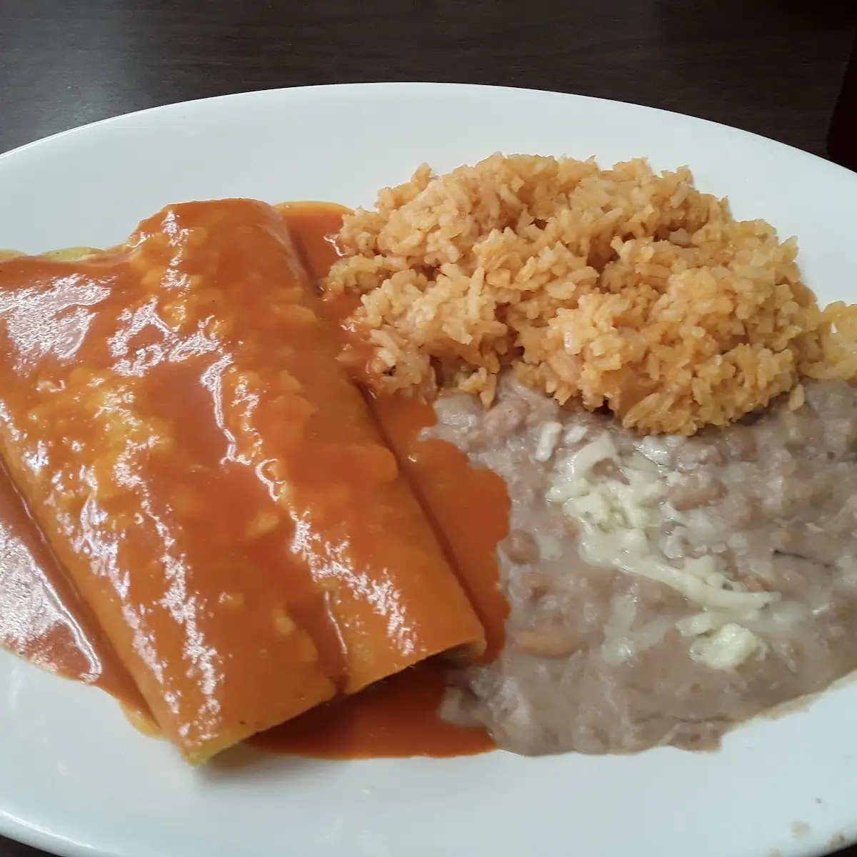 Beef Enchiladas Rice Refried Beans