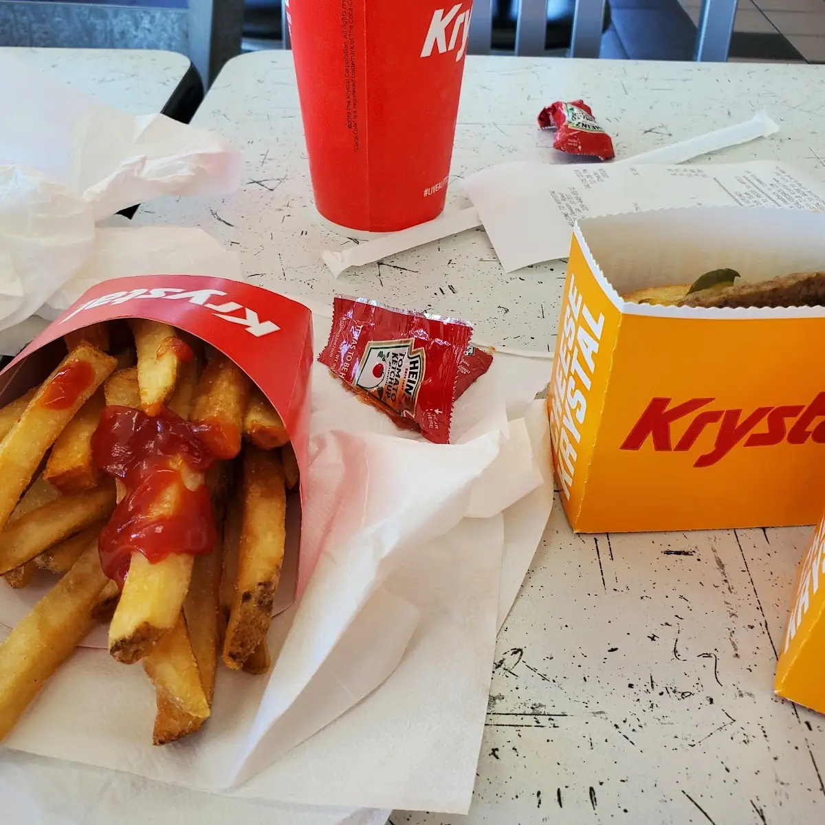 Fries and Krystal with Cheese Burger