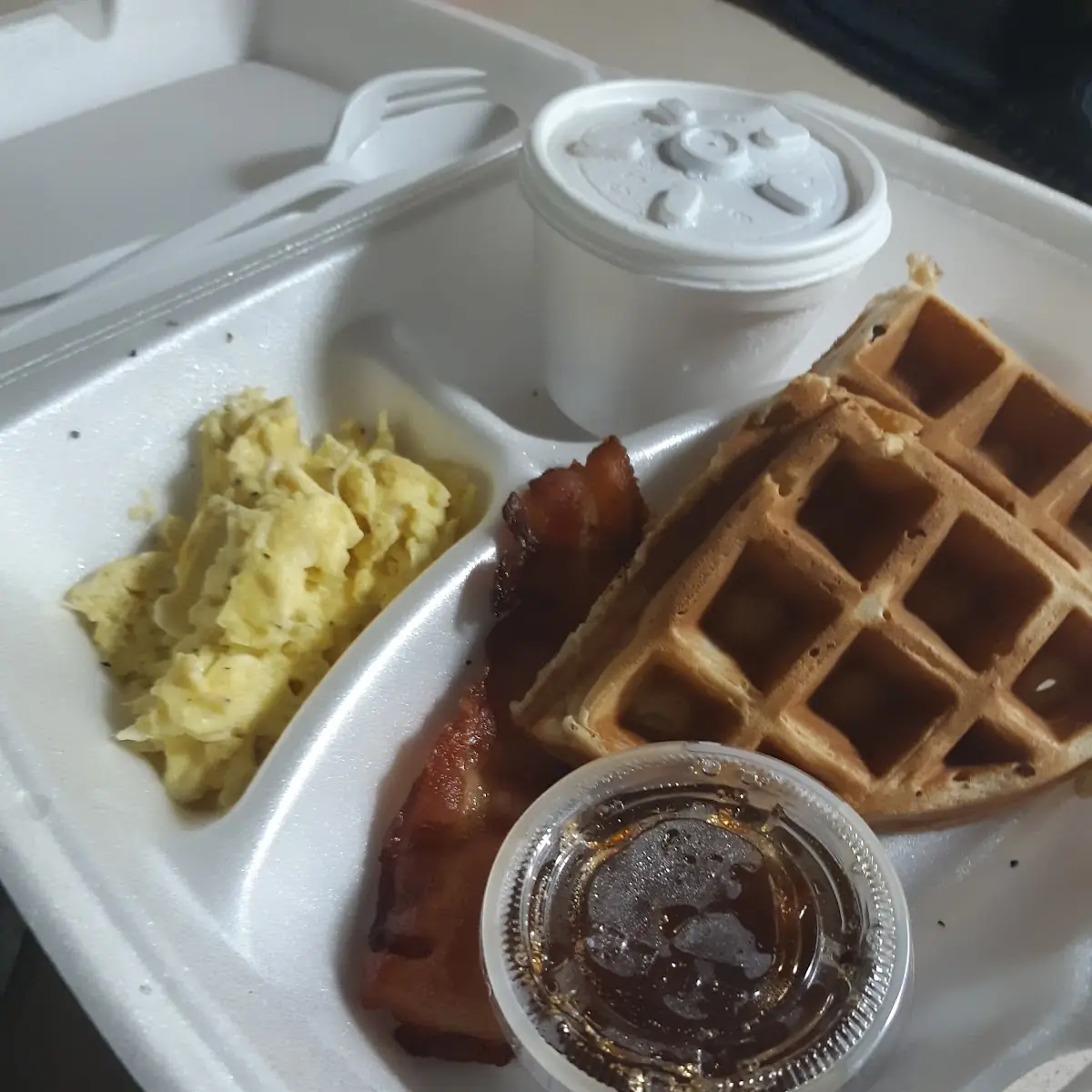 Scrambled Eggs Waffle Bacon Fruit Cup