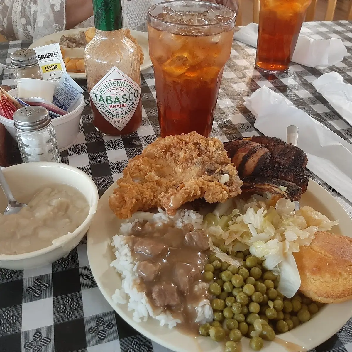 Pork Chops Rice and Gravy Cabbage Big Beans Corn Bread