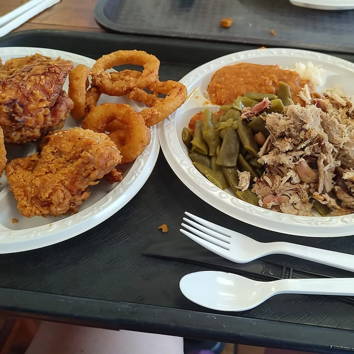 Buffet Pulled Pork Green Beans Fried Chicken and Onion Rings