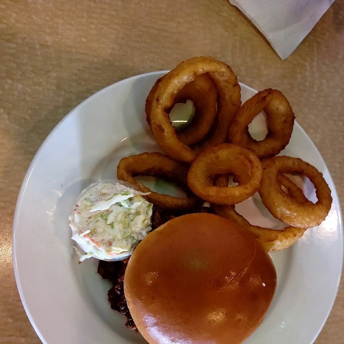 Pulled Pork Sandwich with Onion Rings