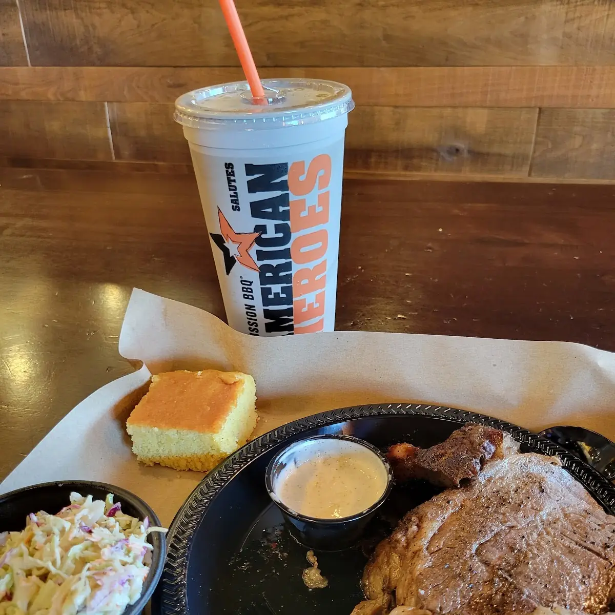 Ribeye Steak with Coleslaw and Corn Bread