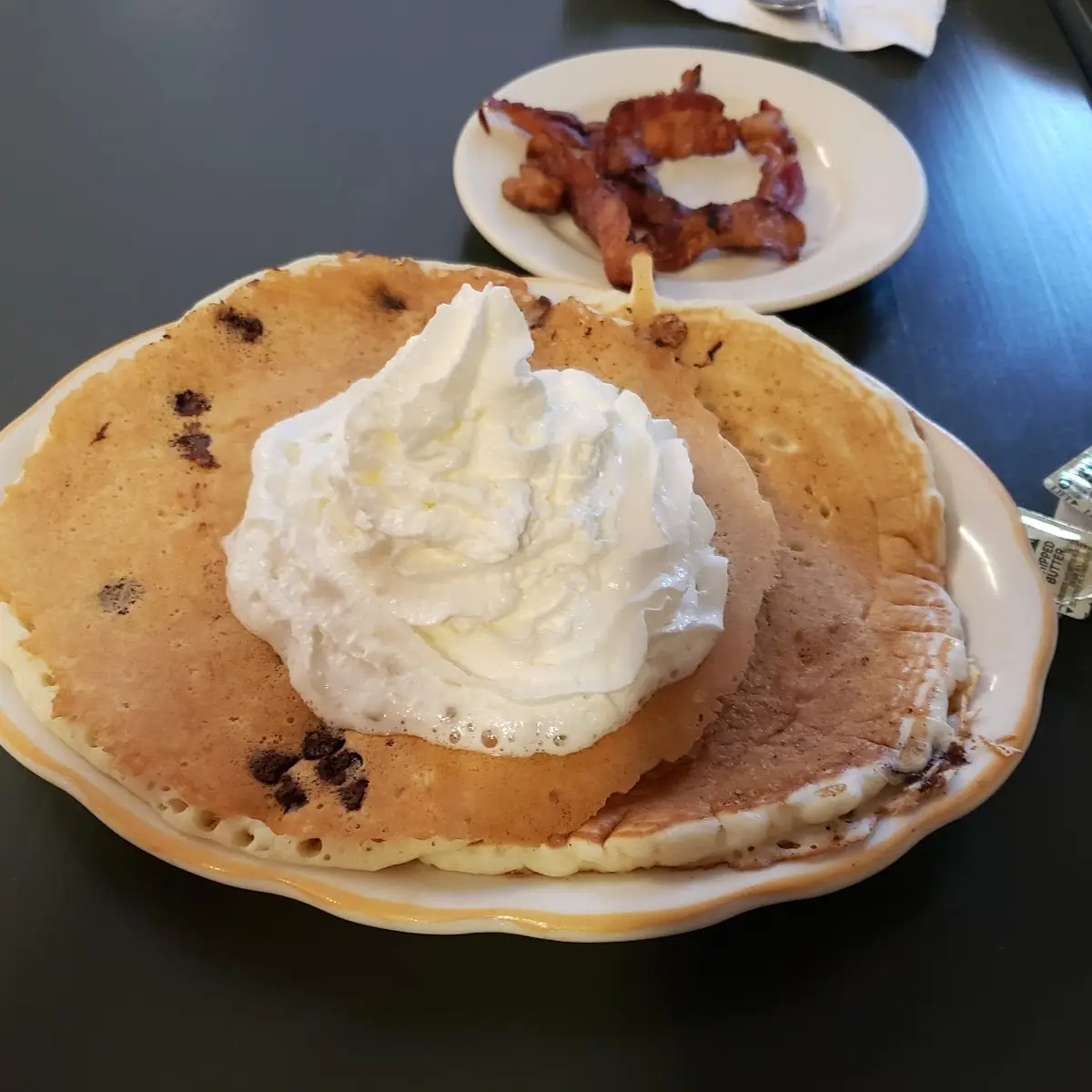2 Chocolate Chip Pancakes with Bacon
