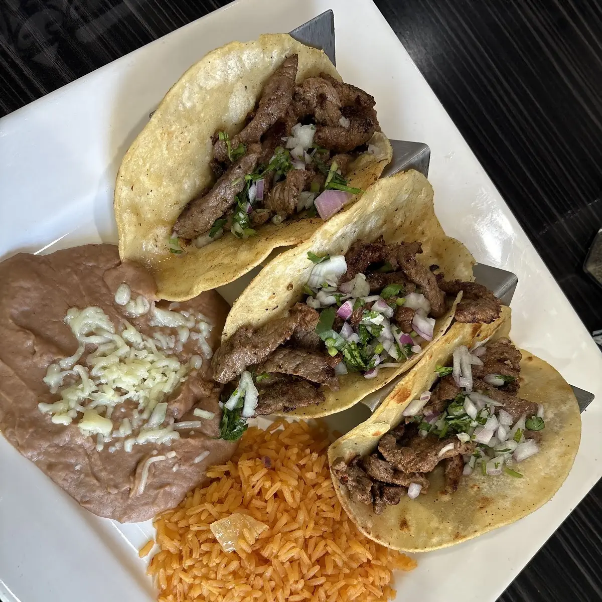 Three Steak Tacos with Rice