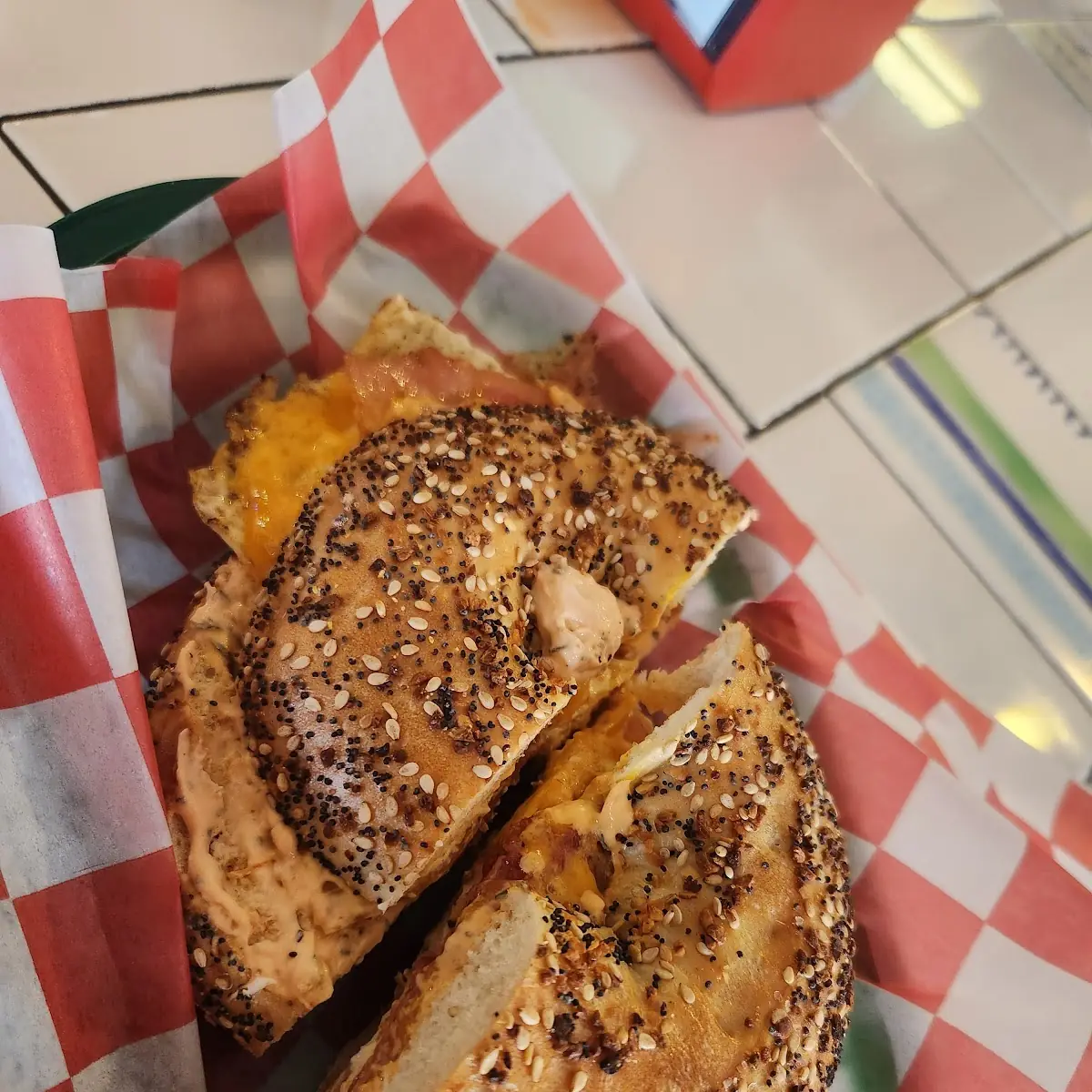 Egg Cheese & Bacon Sandwich on Everything Bagel