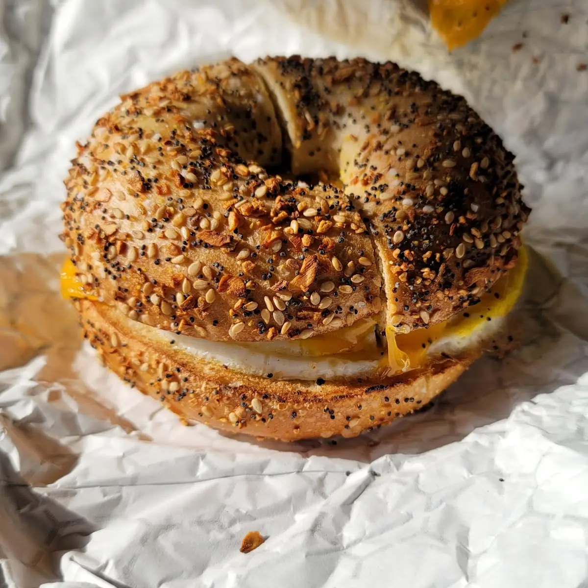 Turkey Sausage Egg and Cheddar on Everything Bagel