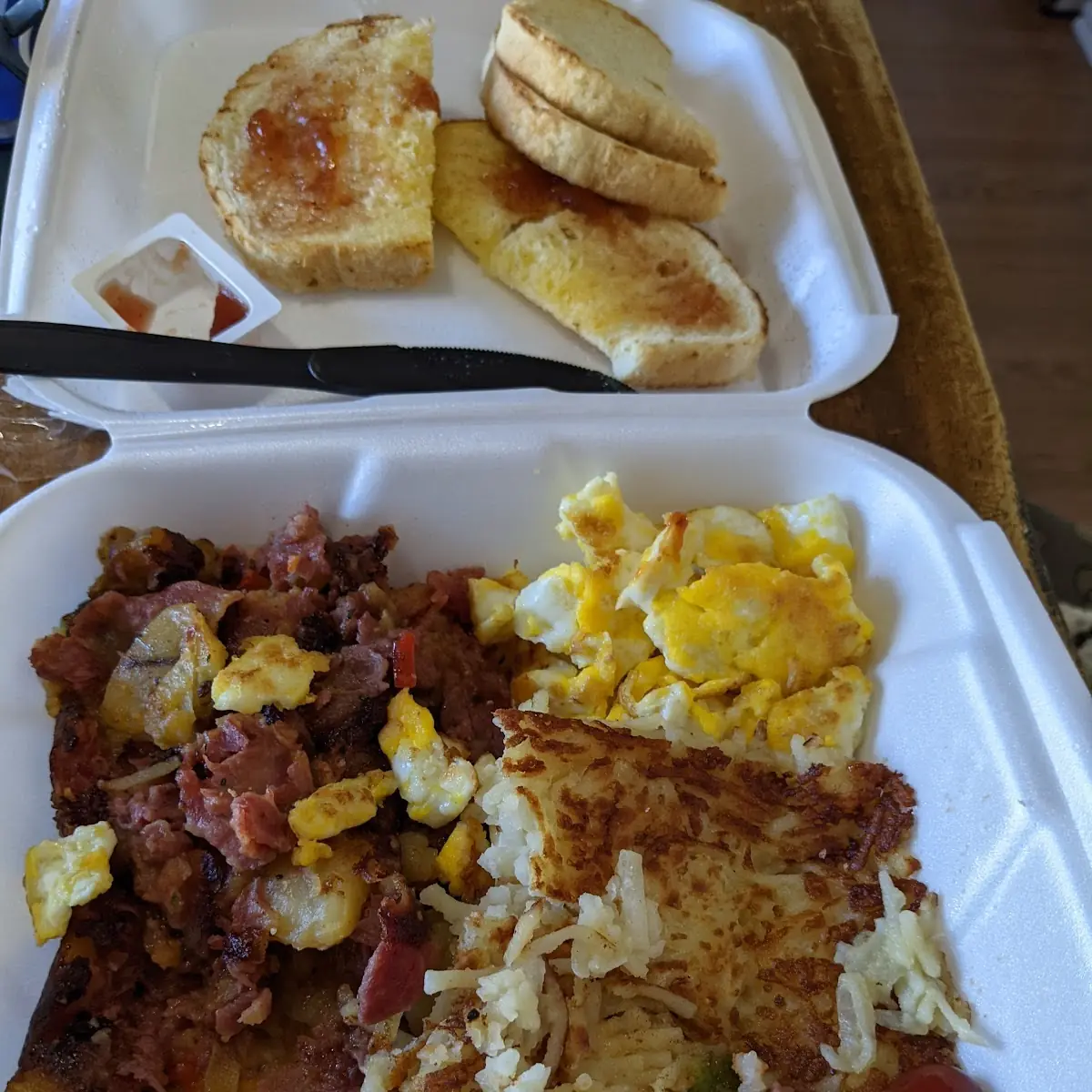 Corned Beef Hash Browns Scrambled Eggs and Toast