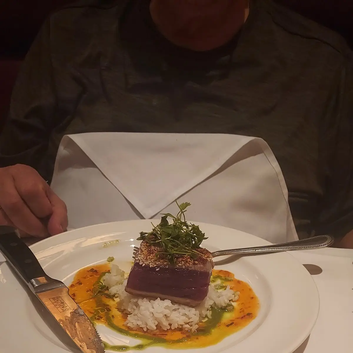 Sushi-Grade Sesame Seared Tuna with Gingered Rice White Soy and Sambal Vinaigrette