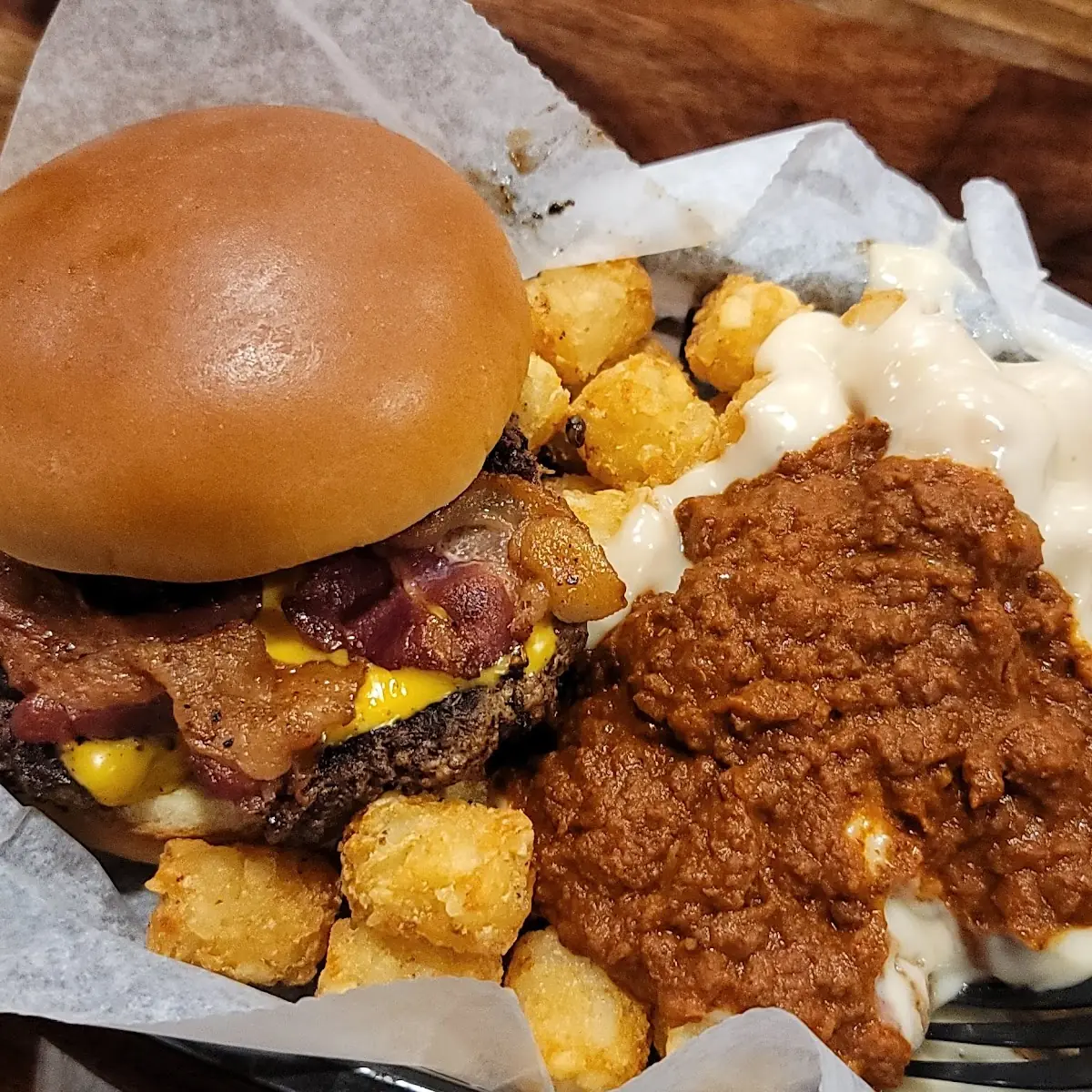 6 Oz Steak Burger and Loaded Tots