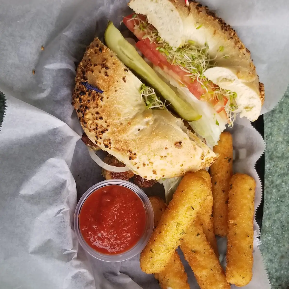 Tempeh Sandwich with Mozzarella Cheese Sticks