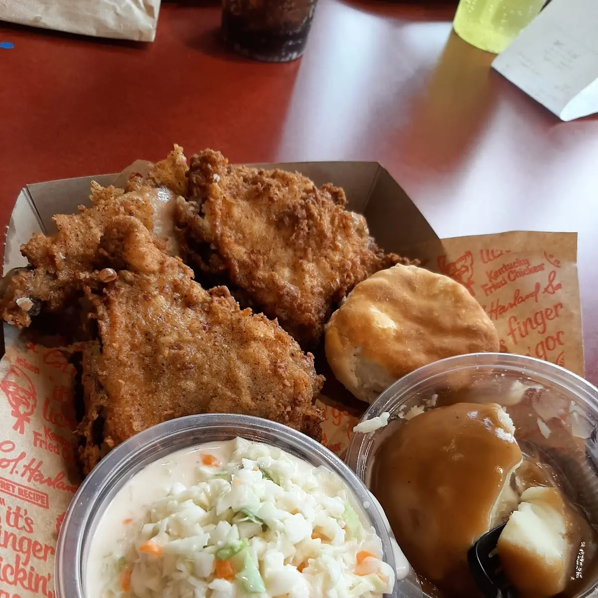 3 Piece Chicken Fried Chicken Dinner with Mashed Potatoes with Gravy and a Biscuit
