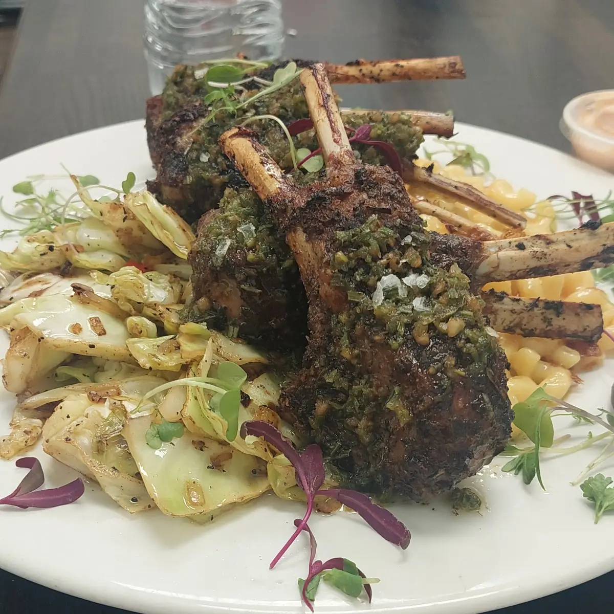 Lamb Chops with Fried Cabbage and Mac and Cheese