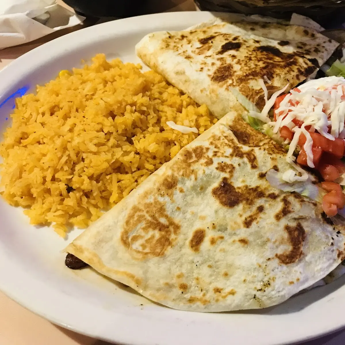 Steak Quesadilla with Rice and Guacamole Salad