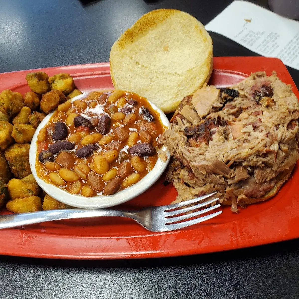 Pulled Pork with BBQ Beans and Fried Okra