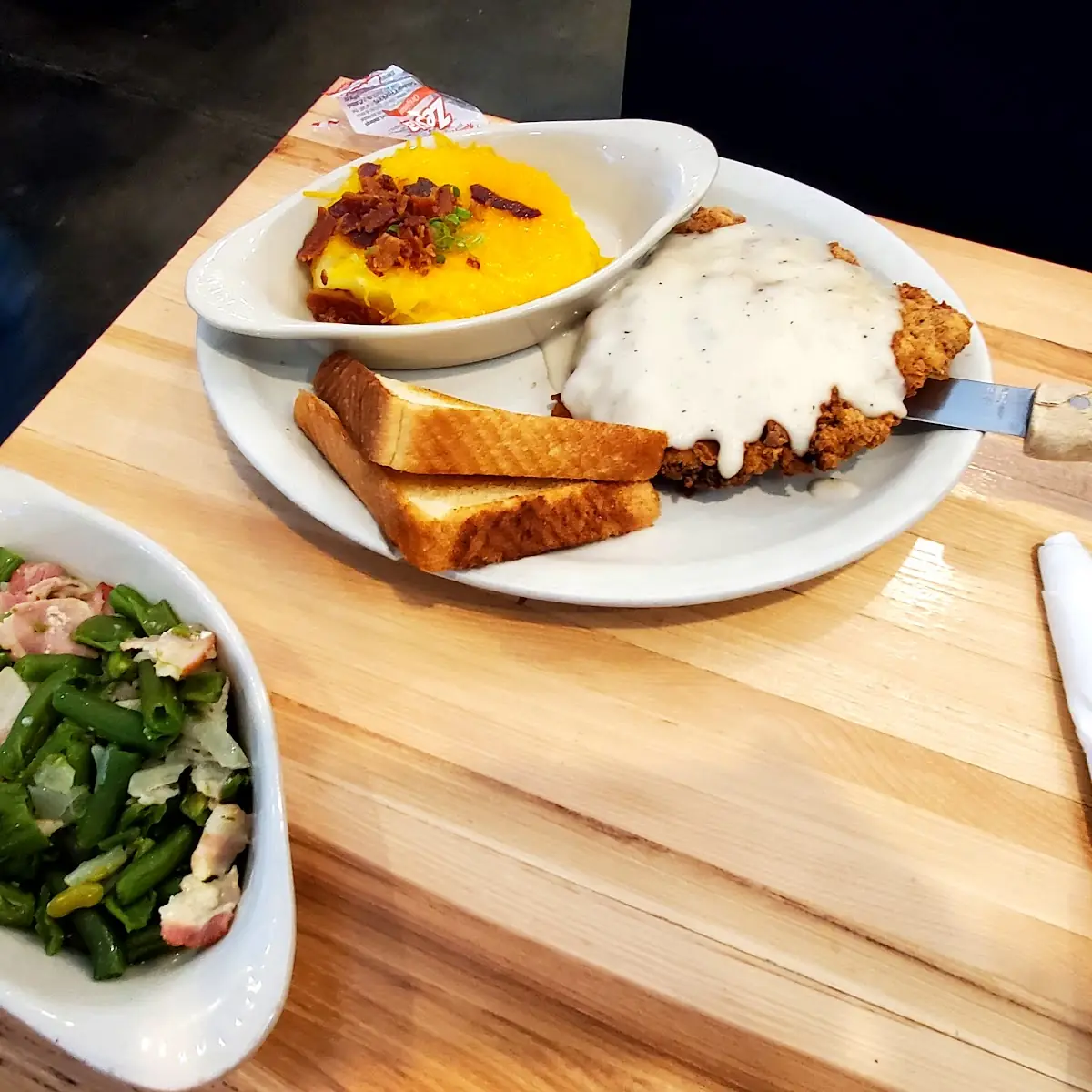 Chicken Fried Steak Loaded Mashed Potatoes and Green Beans