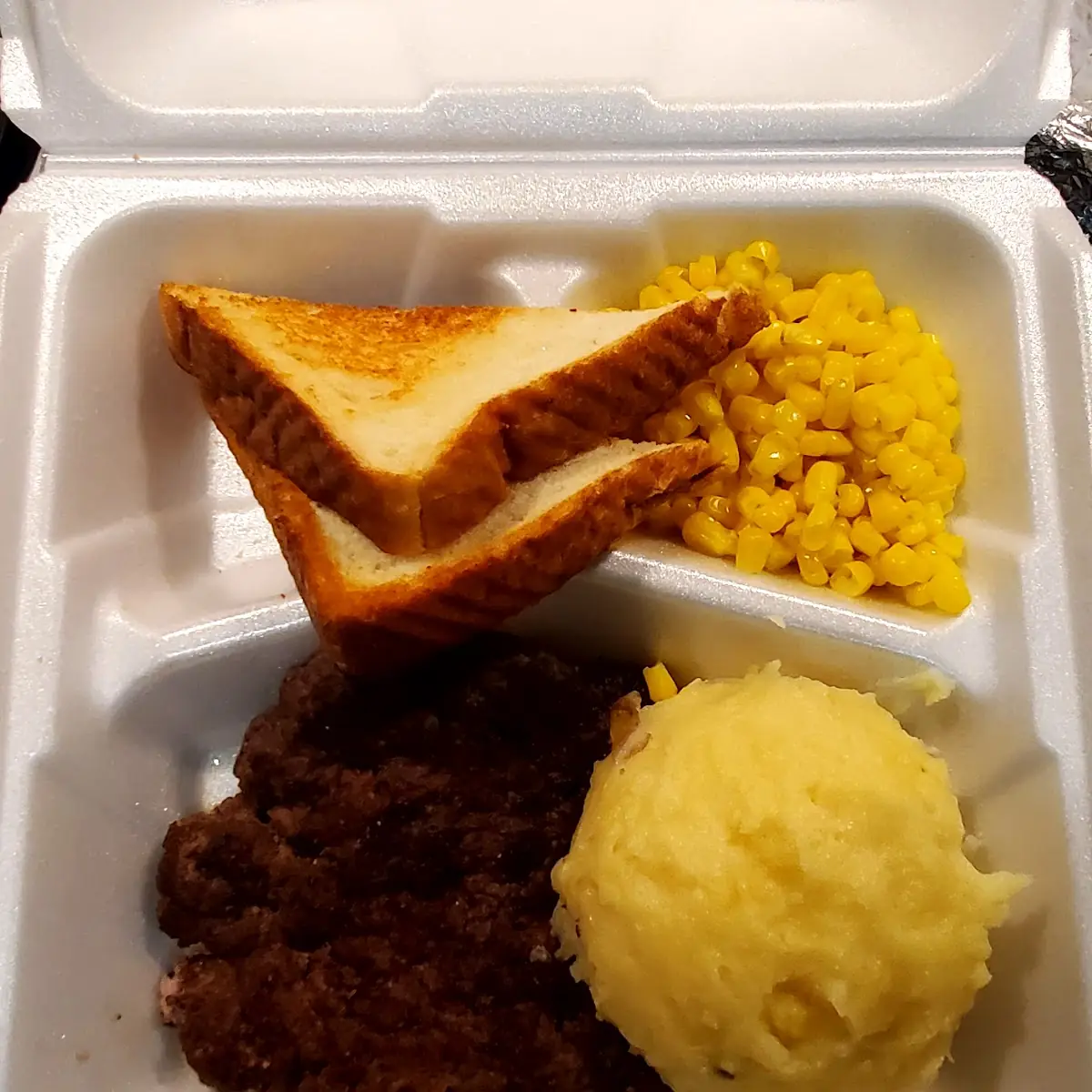 Hamburger Steak Mashed Potatoes Corn and Toast
