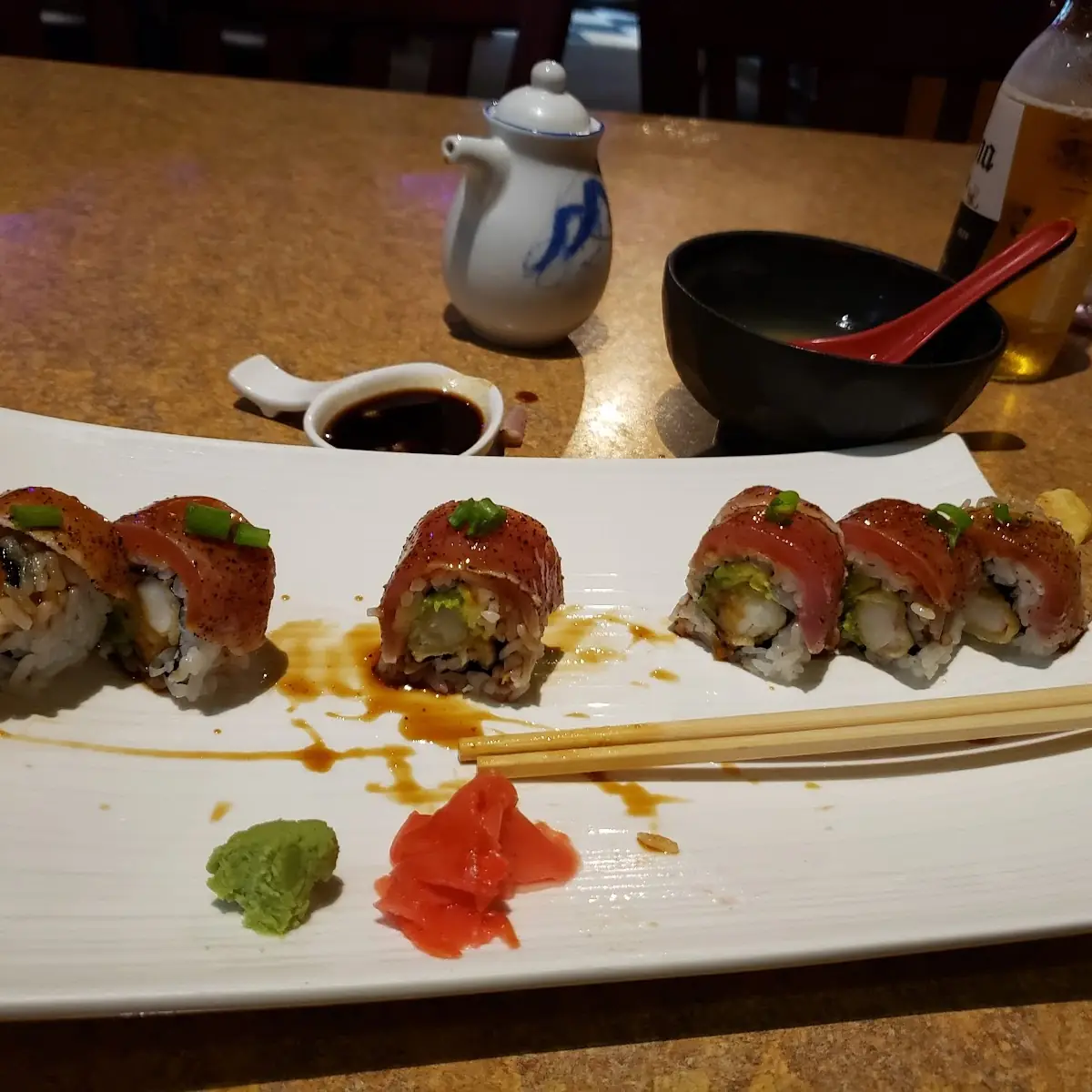 Pepper Tuna Roll Seared with Avocado Tempura Shrimp