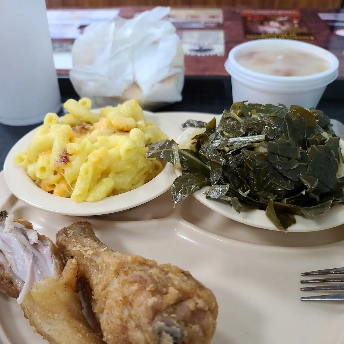 Fried Chicken Legs Mac and Cheese Collard Greens