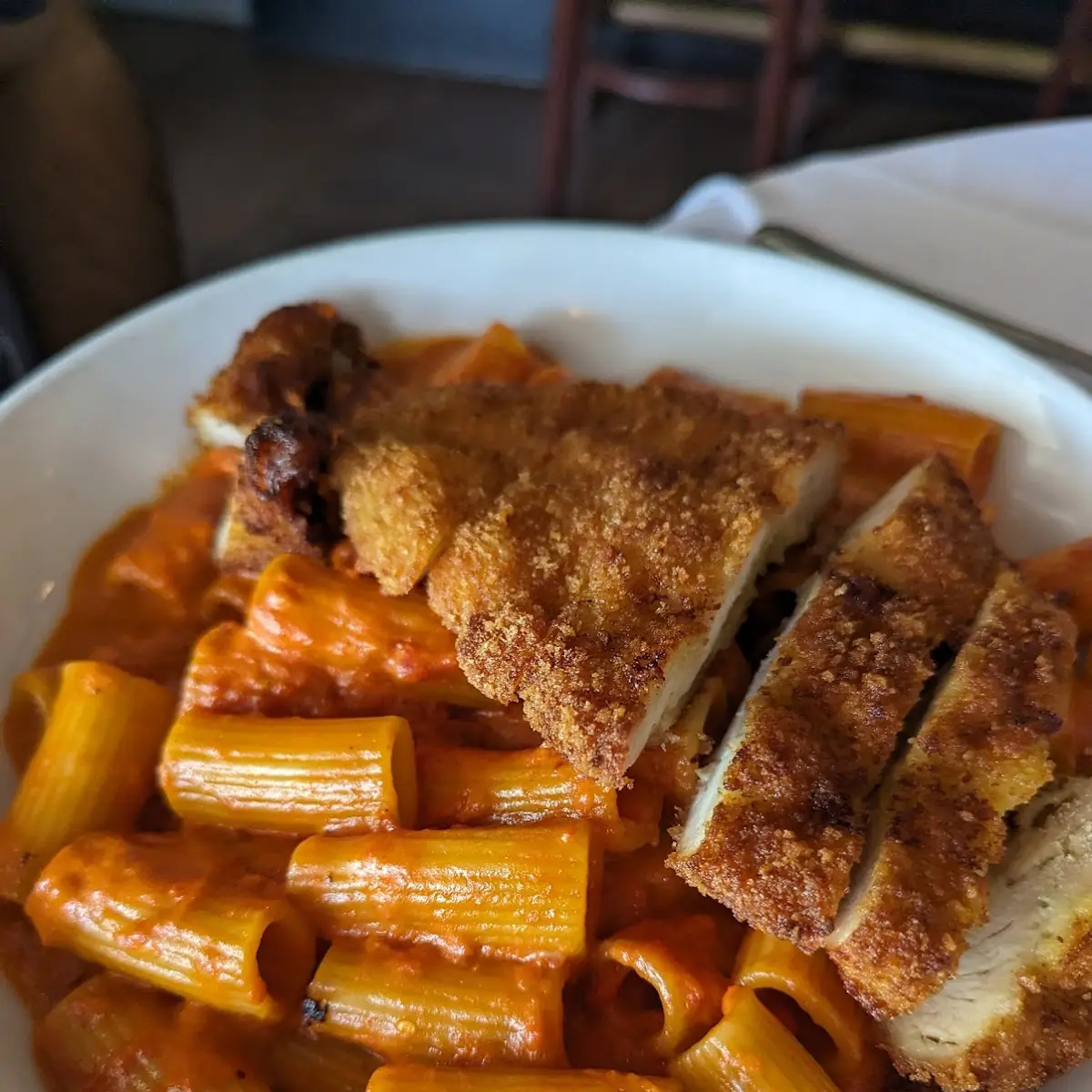 Rigatoni Vodka and Fried Chicken Cutlet